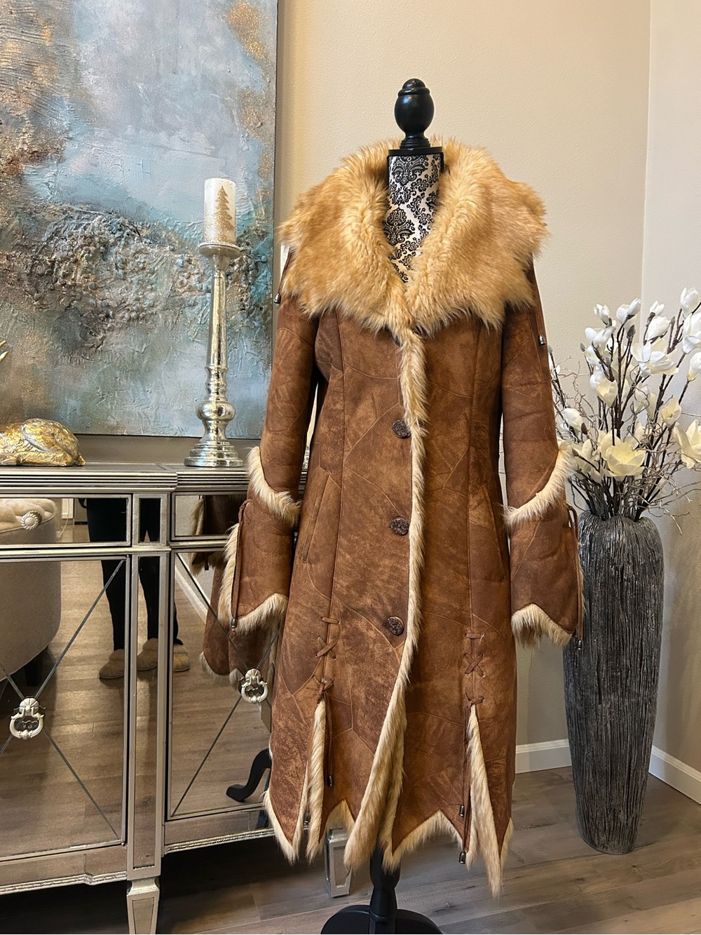 Faux-Shearling Trimmed Brown Coat